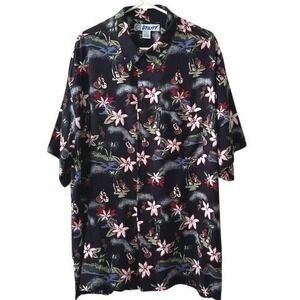 Utility Mens Hawaiian Shirt‎ XL Black Tropical Floral Palm Tree Ukulele Vintage